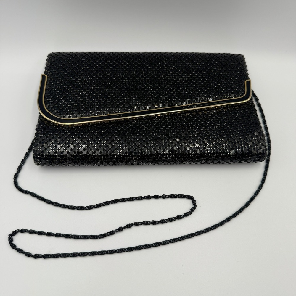 Vintage Black Metal Mesh Evening Clutch Bag Gold Enamel Frame Formal Bag